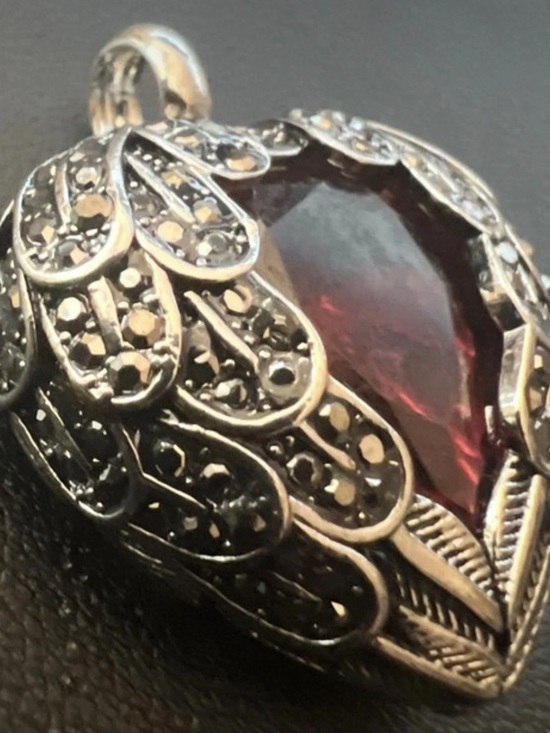 Heart Wings Necklace - Gem “New” 925 Sterling Silver “Angel Wings” Simulated Red Garnet Heart Pendant.